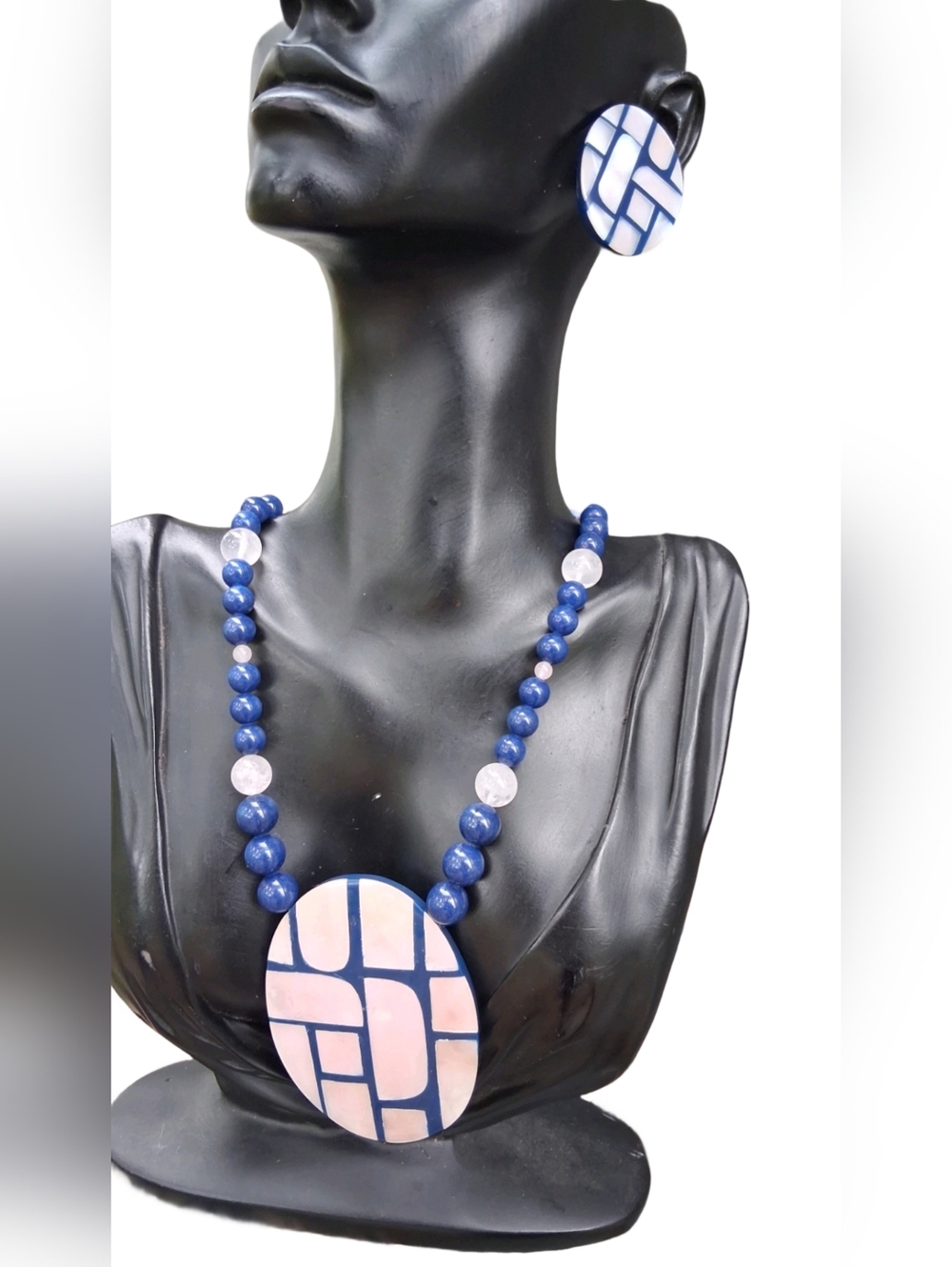 Karla Jordan Modernist Geometric Shell Inlay Set with Sodalite & Rose Quartz